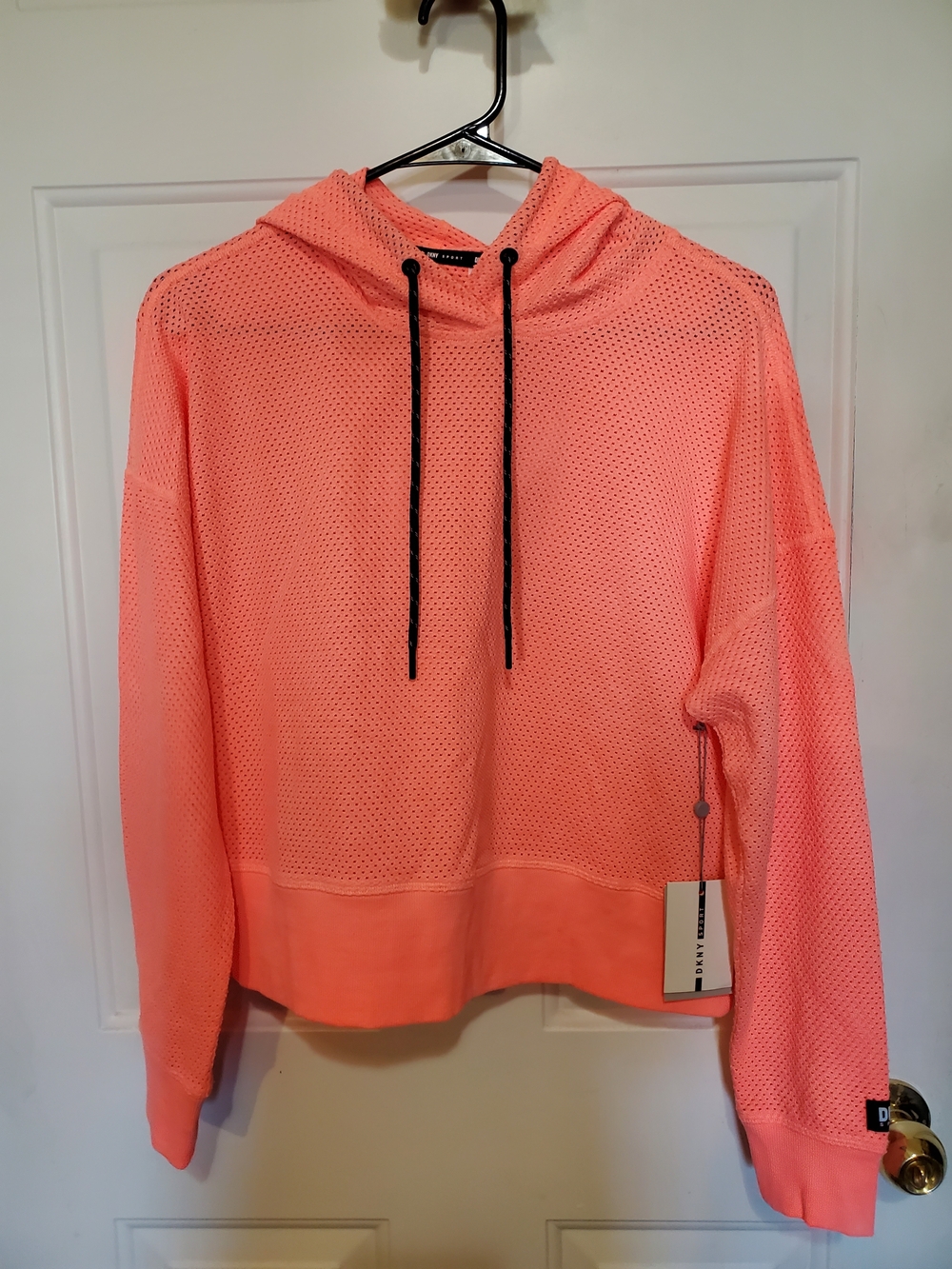 Women's Coral Pink Mesh Hooded Pullover Sweatshirt
